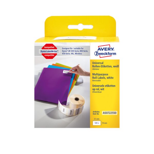 AVERY ZWECKFORM Rollen-Etiketten abl&ouml;sbar, 19x51mm, 500 St&uuml;ck, wei&szlig; AS0722550