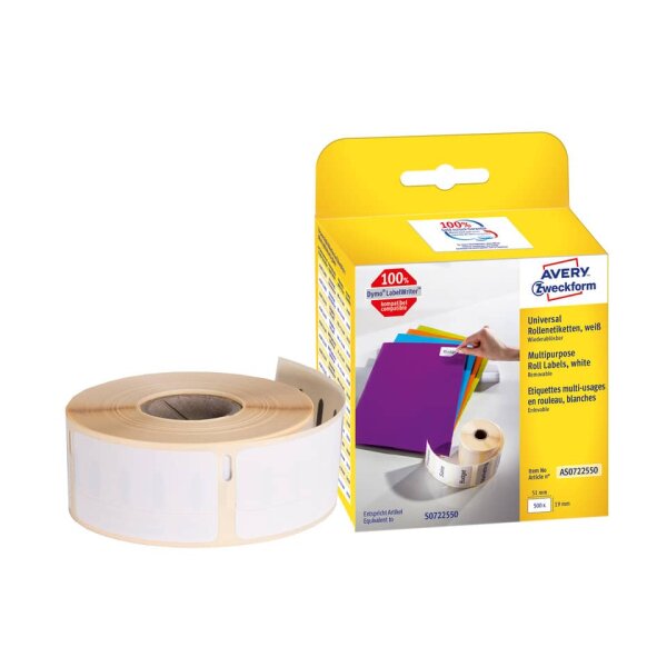 AVERY ZWECKFORM Rollen-Etiketten abl&ouml;sbar, 19x51mm, 500 St&uuml;ck, wei&szlig; AS0722550
