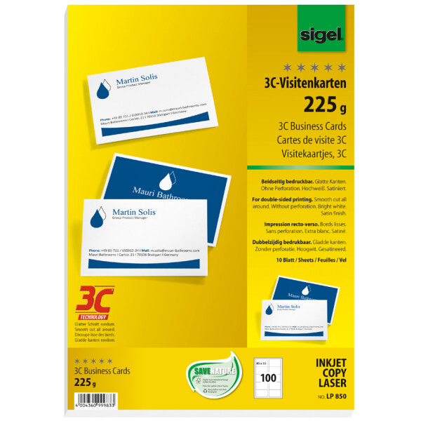 sigel Visitenkarten 3C, 85 x 55 mm, 225 g qm, hochweiß