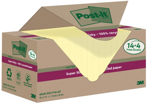 Post-it Super Sticky Recycling Notes, 76 x 76 mm, gelb, 14+4
