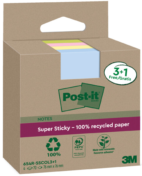 Post-it Super Sticky Recycling Notes, 76 x 76 mm, farbig