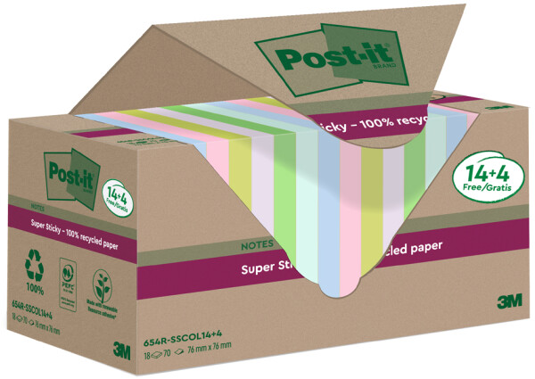 Post-it Super Sticky Recycling Notes, 47,6 x 47,6 mm, farbig