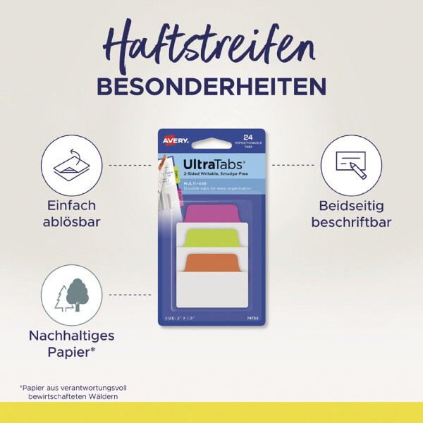 AVERY Zweckform Haftstreifen UltraTabs Neon, 50,8 x 38 mm