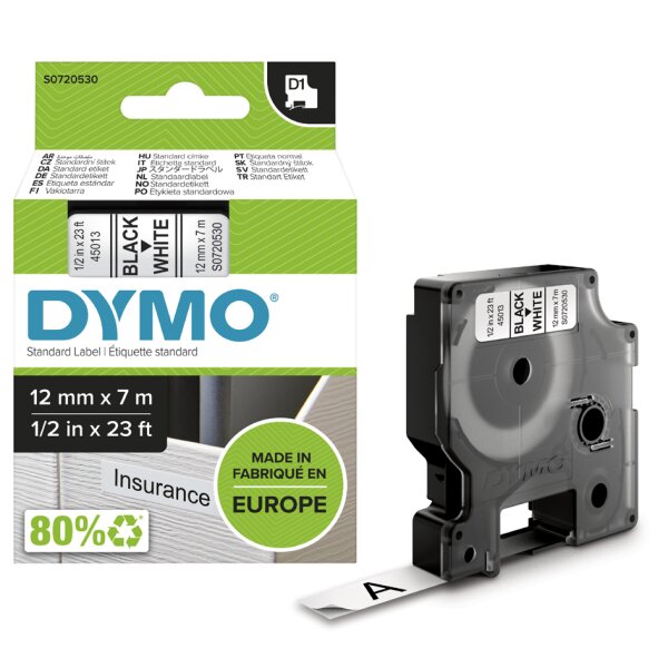 DYMO D1 Schriftbandkassette schwarz wei&szlig;, 19 mm x 7 m