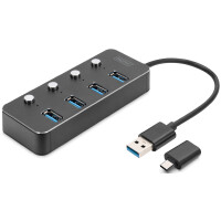 DIGITUS USB 3.0 Hub, 4-Port, schaltbar, Aluminium Gehäuse