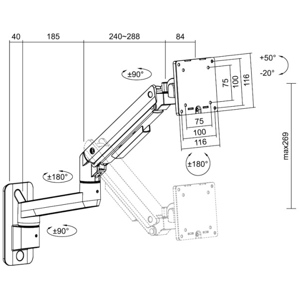 LogiLink Monitorarm zur Wandmontage, Armlänge: 424 mm