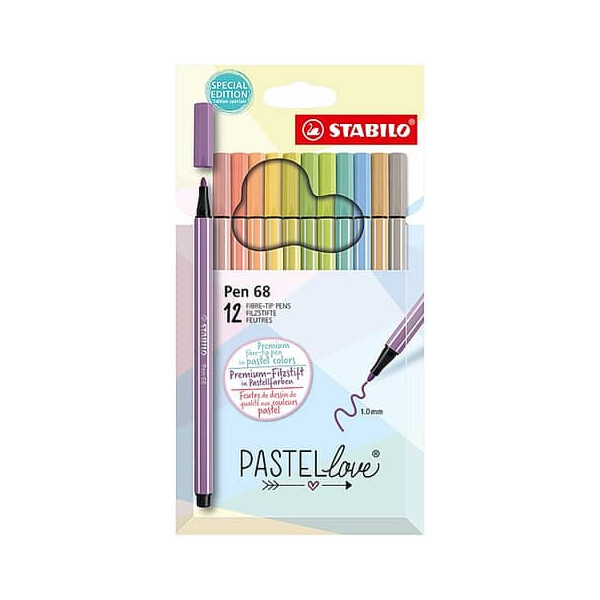 STABILO Fasermaler Pen 68 Etui Pastellove". Kartonetui mit 12 Stiften