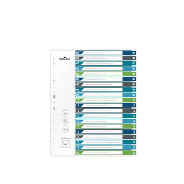 DURABLE Ordnerregister, PP, 1, 20, farbige Taben, beschriftbar, A4+ hoch, 245 x 305 mm