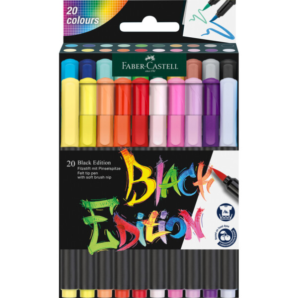 FABER-CASTELL Faserschreiberetui Black Edition, Pinselspitze, 20er Kartonetui