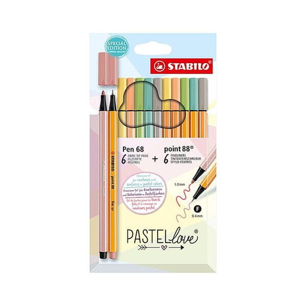 STABILO Fineliner Pen 68 point 88 Etui Pastellove. Kartonetui mit 12 Stiften, sortiert in 6 Pastellfarben
