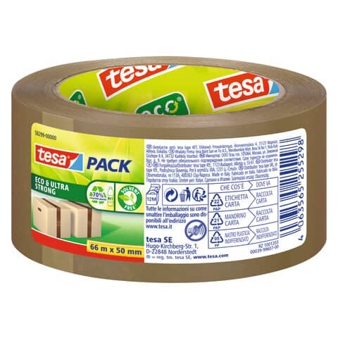 TESA Packband tesapack Eco & Ultra Strong ecoLogo, PET, 66 m x 50 mm, braun