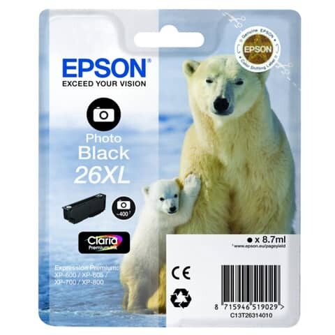 Epson Original Tintenpatrone schwarz foto High-Capacity XL (C13T26314012,26XL,T2631,T26314012)