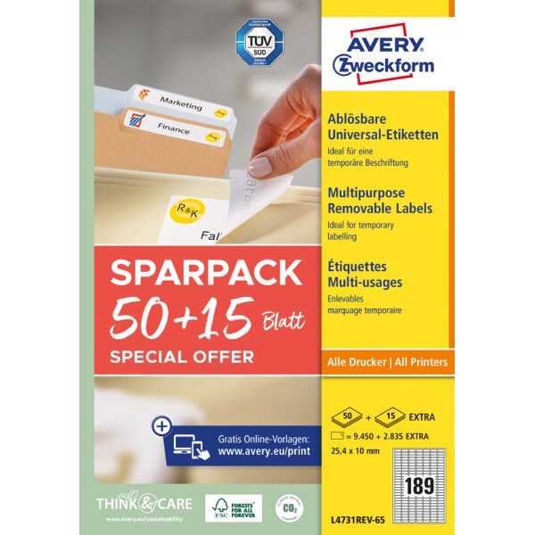 AVERY Zweckform Universal-Etiketten, 63,5 x 29,6 mm, 50+15Bl