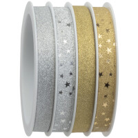 CACTUS Geschenkband-Multispule, 4-fach, Glitter, gold silber