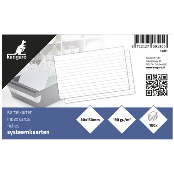 kangaro Karteikarten, 90 x 55 mm, liniert, wei&szlig;