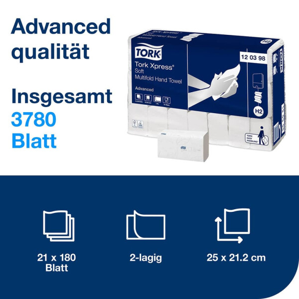 TORK Falthandtuch System H2, 2-lagig, Multifold, 3780 Stück, weiß 120398
