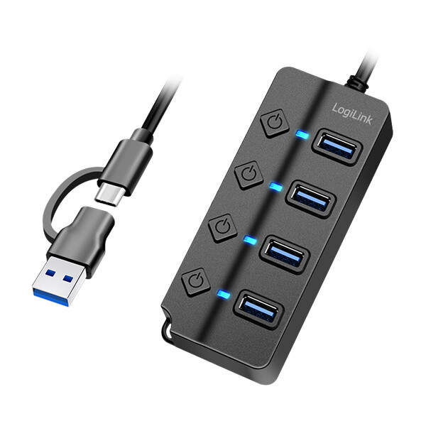 LogiLink USB 3.2 Hub, 4 Port, mit Ein- Ausschalter, schwarz
