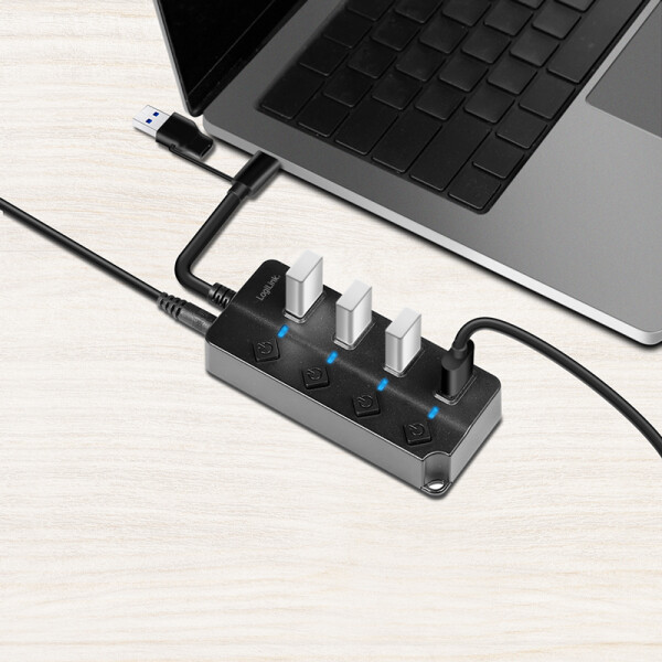 LogiLink USB 3.2 Hub, 4 Port, mit Ein- Ausschalter, schwarz
