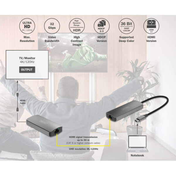 DIGITUS 4K Video Extender, USB-C - HDMI, 30 m