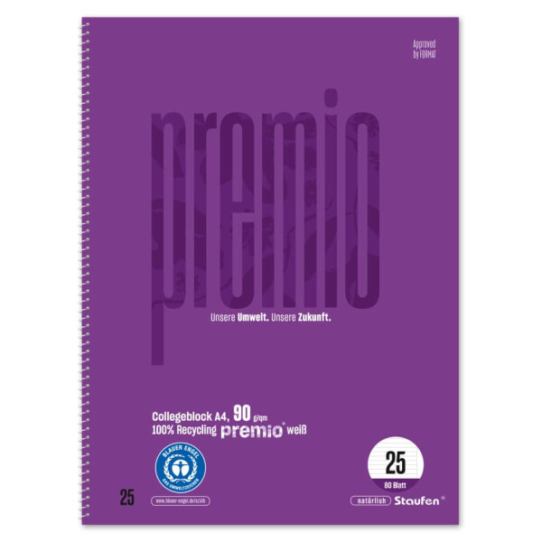 STAUFEN PREMIO Collegeblock LIN 25, A4, 80 Blatt, liniert mit Rand, 90 g qm, violett