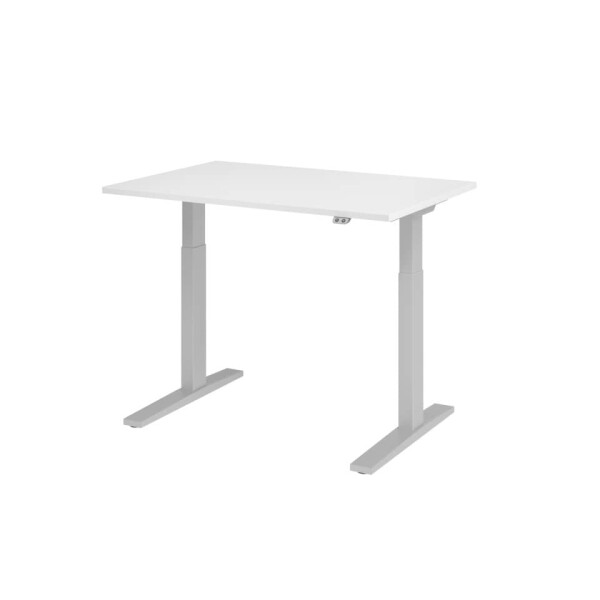 HAMMERBACHER Hammerbacher Schreibtisch T-Fu&szlig; elektrisch, 120 x 70-120 x 80 cm, h&ouml;henverstellbar, wei&szlig; silber