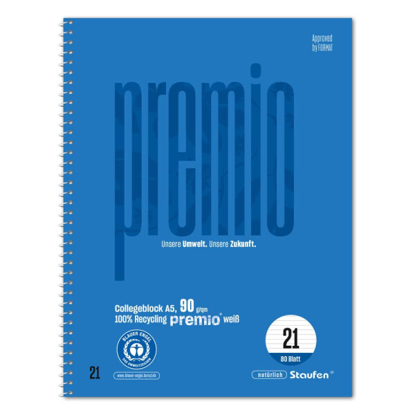 STAUFEN PREMIO Collegeblock Premio, Spiralbindung, 90 g qm, DIN A5, liniert, 80 Blatt 040834021