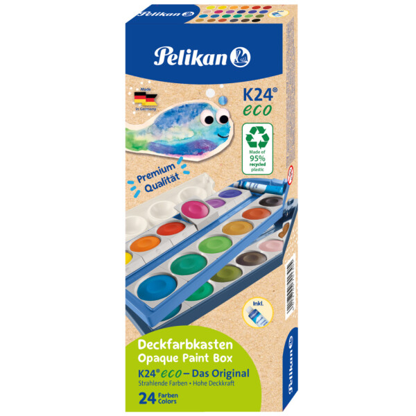 PELIKAN Deckfarbkasten K12 eco, 24 Farben + Deckwei&szlig;, hellblau blau