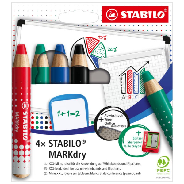 STABILO Whiteboardmarkeretui MARKdry trocken, 4 Stifte, Spitzer + Abwischtuch