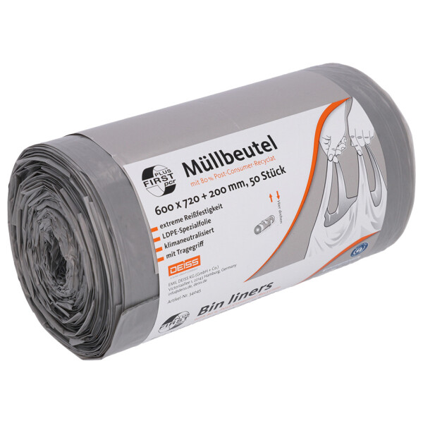 DEISS M&uuml;llbeutel First Plus pcr mit Tragegriff, 60L, 50 St&uuml;ck, grau 34045
