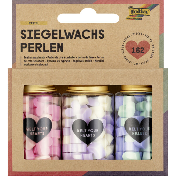 folia Siegelwachs-Perlen PASTEL, 3 Dosen, farbig sortiert