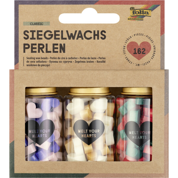 folia Siegelwachs-Perlen PASTEL, 3 Dosen, farbig sortiert