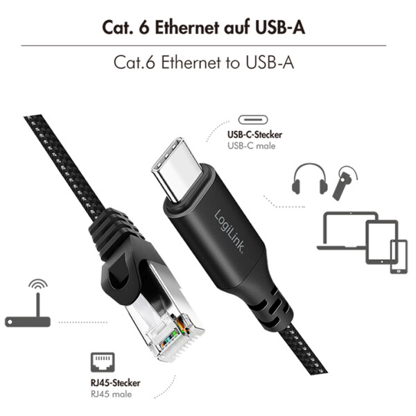 LogiLink USB 3.2 Ethernet-Kabel, USB-C - RJ45 Stecker, 3,0 m