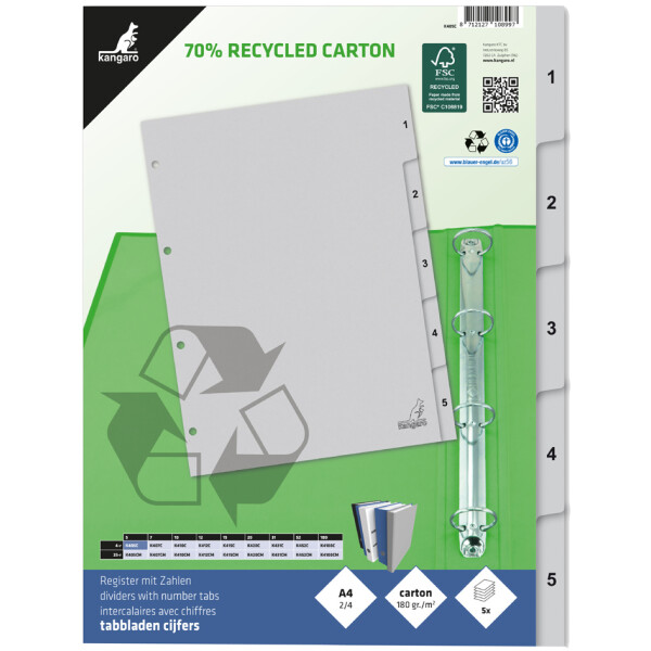 kangaro Karton-Register ECO, Zahlen 1-15, DIN A4, 15-teilig