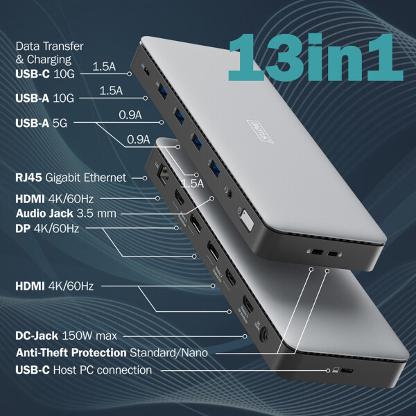 DIGITUS Docking Station, USB-C, 13-Port, grau schwarz