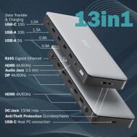 DIGITUS Docking Station, USB-C, 13-Port, grau schwarz