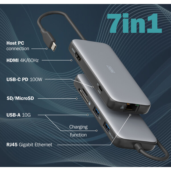 DIGITUS Docking Station, USB-C, 7-Port, grau schwarz