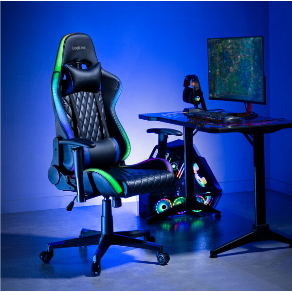 LogiLink Gaming-Stuhl, Kopf- &amp; Lendenwirbelst&uuml;tze, schwarz