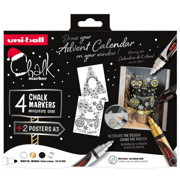 uni-ball Kreidemarker Chalk marker, 4er Weihnachtsbox SCANDI