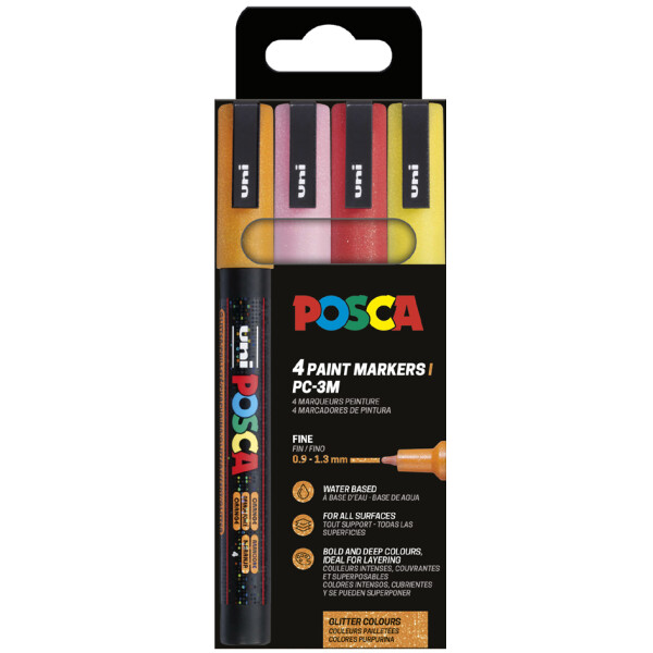 POSCA Pigmentmarker PC-3ML Glitter, 4er Etui,farbig sortiert