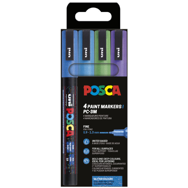 POSCA Pigmentmarker PC-3ML Glitter, 4er Etui,farbig sortiert
