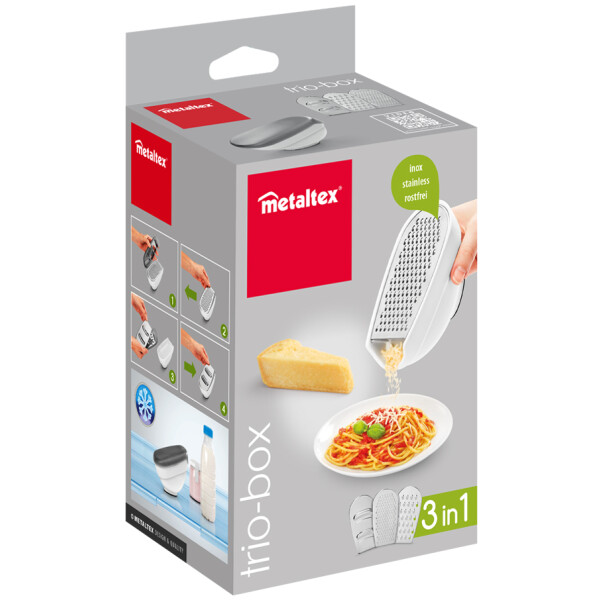 metaltex Universalreibe Trio-Box, 3 Einsätze, grau weiß