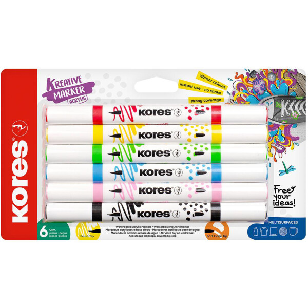 Kores Acrylmarker Duo, 2 Spitzen, 6er Set, farbig sortiert