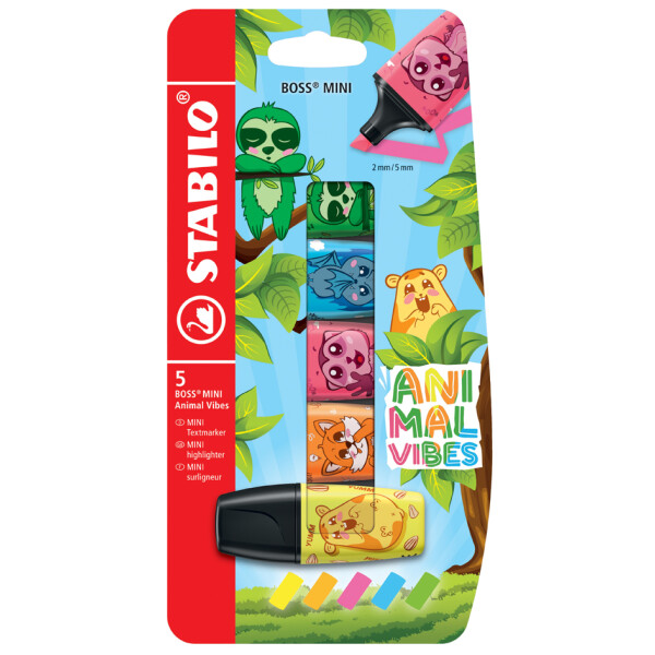 STABILO Textmarker BOSS MINI Animal Vibes, 5er Kartonetui