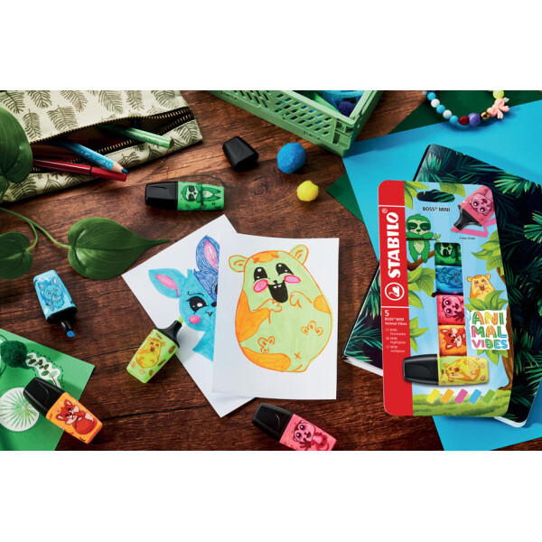 STABILO Textmarker BOSS MINI Animal Vibes, 5er Kartonetui