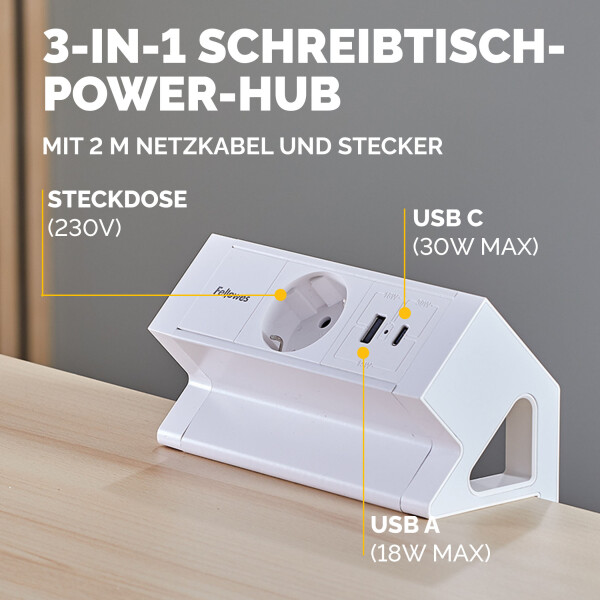 Fellowes Tisch-Steckdosenleiste Power Desk, Typ F, wei&szlig;