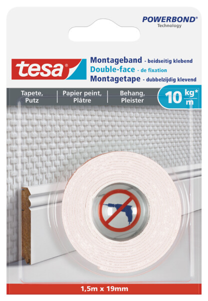 tesa Powerbond Montageband für Tapete Putz, 19 mm x 1,5 m