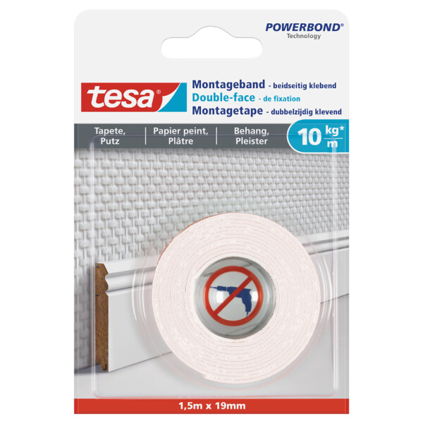 tesa Powerbond Montageband f&uuml;r Tapete Putz, 19 mm x 1,5 m