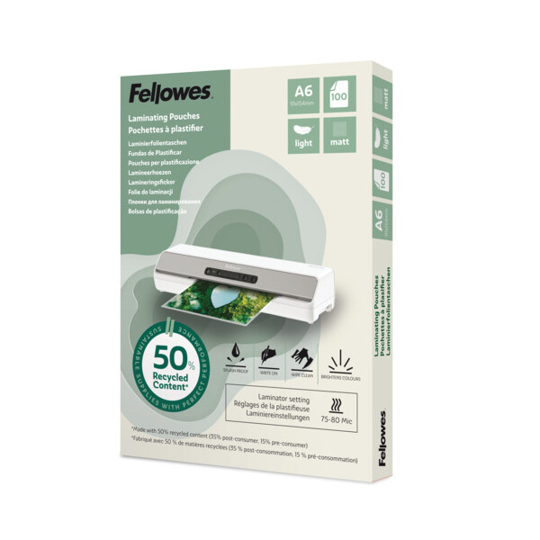 FELLOWES Laminierhülle A6 2x80µm 100ST matt transparent 50% Recycling