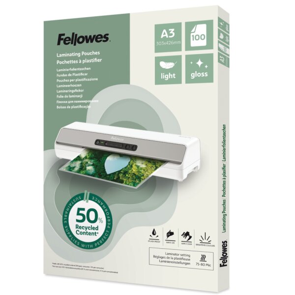 FELLOWES Laminierh&uuml;lle, A3, 2 x 80 &micro;m, 50 % recyceltes PET Material, gl&auml;nzend, 100 St&uuml;ck 100142988