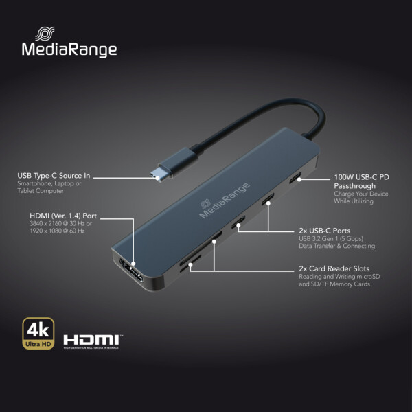 MEDIARANGE Multiport Adapter 6-in-1, USB C, silber MRCS519